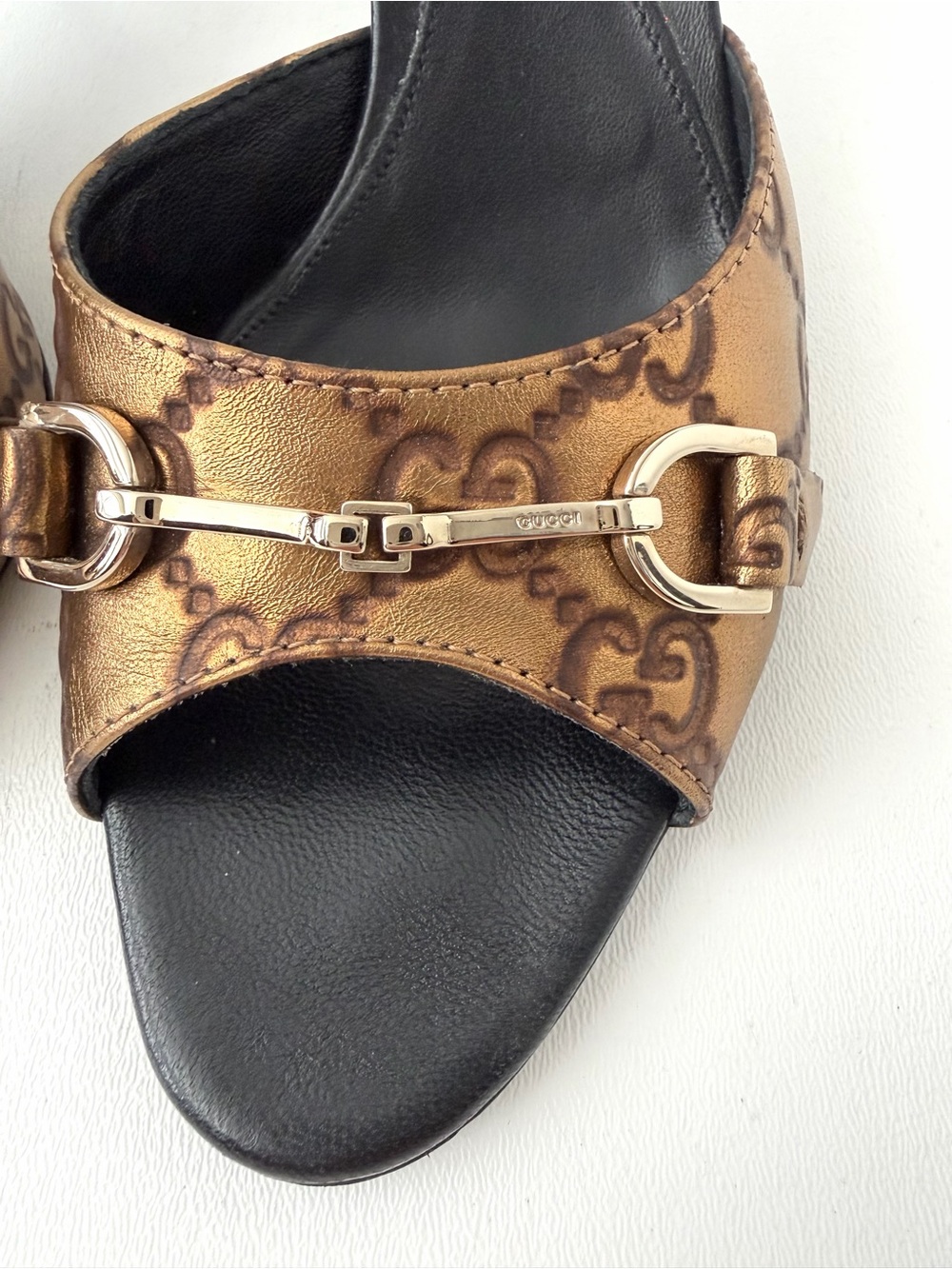 GUCCI | Y2K Guccissima Double G Gold Bronze Horsebit Mules Slip on Heel EU 36.5 - Picture 8 of 15